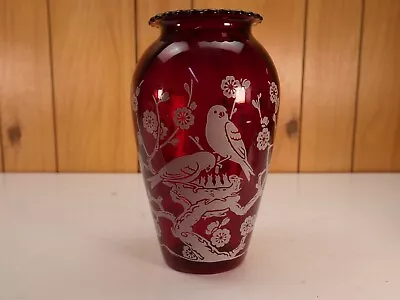 Buy Vtg Anchor Hocking Red Glass Vase! Cherry Blossoms W/birds! Mcm! • 52.96£