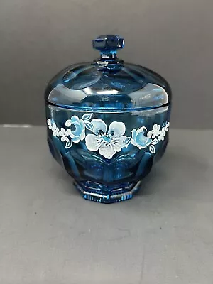 Buy Fenton Blue Lidded Candy Dish Hand Painted Florals Signed J Cutshaw • 28.46£