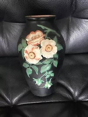 Buy Vintage English Black Pottery Vase With Raised Floral Design • 8£