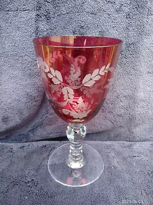 Buy Large 7  18cm Antique Cranberry Red Cut Glass Glass Goblet In GOOD CONDITION • 12£