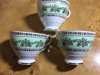 Buy 3 X Vintage Royal Stafford Cups Bone China Pretty Pastel Green/Gold/White VGC! • 7.50£