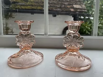 Buy Pair Sowerby Pink Art Deco Glass Candle Sticks 4.5 X 4 Inches • 10£