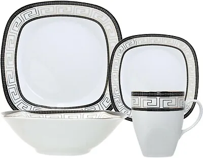 Buy 16-Piece Dinner Set Black Gold Crockery Porcelain Square Plates Bowls Mugs For 4 • 49.99£