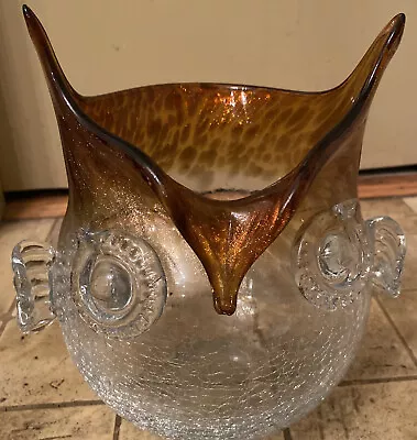 Buy Vintage Handblown Amber Crackle Owl Vase/Bowl/Ice Bucket Large 8x8x6 • 51.40£