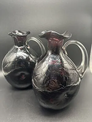 Buy Set Vintage Amethyst Blenko Purple Crackle Hand-Blown Glass Vinegar Oil Bottles • 48.18£