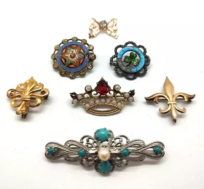 Buy Antique Victorian Edwardian Pin Lot Enamel Turquoise Watch Pins Crown! • 15.80£