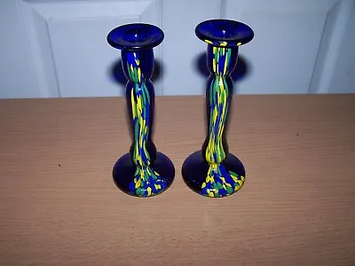 Buy Pair Vintage Art Glass Candlesticks Blue With Green & Yellow Drip Rough Pontil • 35£
