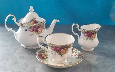 Buy Vintage Royal Albert Bone China Country Roses Teapot Milk Jug And Cup&Saucer • 70£
