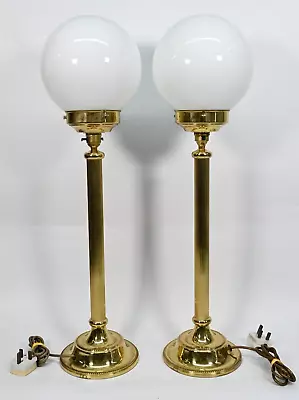 Buy Large Brass Column Lamps With Glass Globe Shades 28  Tall Art Deco Style • 175£
