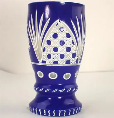 Buy Bohemian Blue And White Overlay Cut To Clear Glass Beaker • 99.99£