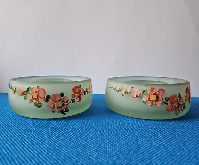 Buy PAIR OF VINTAGE GREEN OPAQUE CANDLE HOLDERS With HANDPAINTED PINK FLOWERS • 6.99£