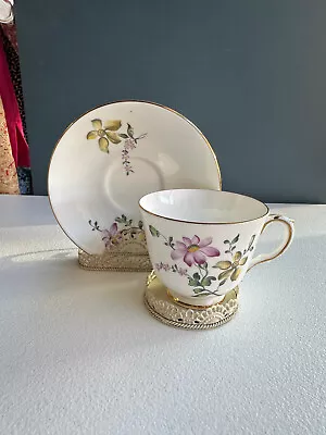 Buy Vtg Crown Staffordshire Bone China England Purple Floral Footed Tea Cup & Saucer • 17.36£