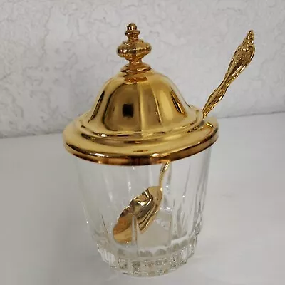 Buy Arcoroc France Crystal Jam Jar Gold Ornate Lid And Spoon International Silver Co • 45.75£