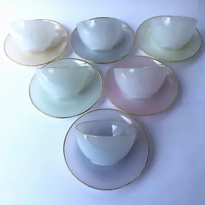 Buy Vintage Arcopal Opalescent Glass Cups & Saucers Pastel Set Of 6 1950s France • 30£