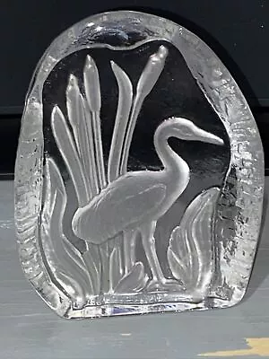 Buy Goebel Lead Crystal Art Glass Etched Crane/Heron Bird In Reeds Paperweight • 7.99£