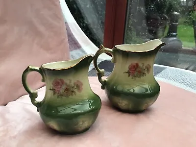 Buy Fabulous Vintage Pair Of Rockingham Pottery Green Floral Jugs/Vases • 7.99£