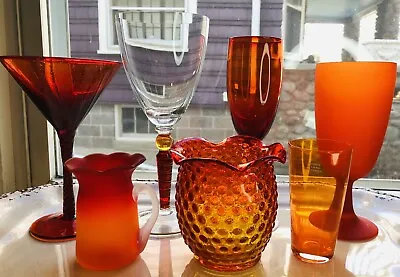 Buy 7 Amberina Hand Blown Water Goblet Martini Curated Glassware Set Red Orange Bar • 30.58£