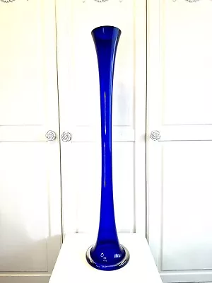 Buy Vintage Mid Century Handblown Extra Tall Cobalt Blue Glass Trumpet Vase 80cm 32” • 65£