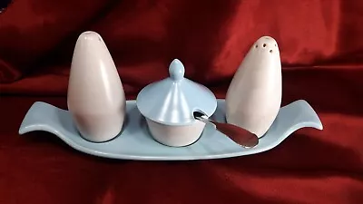 Buy Poole Pottery Cruet Set In Sky Blue And Dove Grey (C104)) + Silver Plate Ladle. • 15.99£