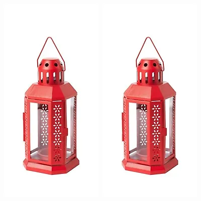Buy 2×Ikea Red Enrum Lantern Tealight Candle Holder Hanging Glass Metal Home 22cm UK • 12.78£