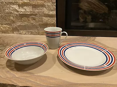 Buy Dinnerware Set For 4 Red White Blue Stripe Brand New Ceramic • 18.96£