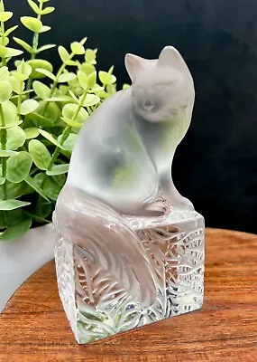 Buy Lalique France Signed Frosted Crystal Cat Figurine On Clear Crystal Base • 192.14£