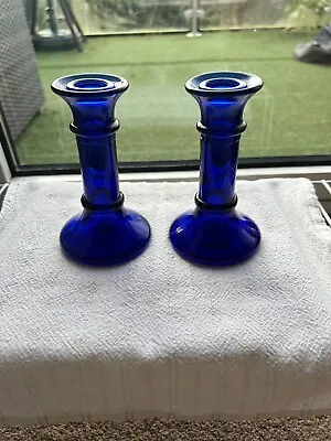 Buy Blue Glass 5” Candleholders X 2, Good Condition • 4.99£