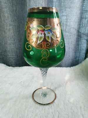 Buy Vintage Large Emerald Green Hand Painted Czech Bohemian Goblet • 24.28£