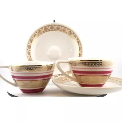Buy Pair Of Whittard Fine China Tea Espresso Cups And Saucers Pink White Gold • 9.49£