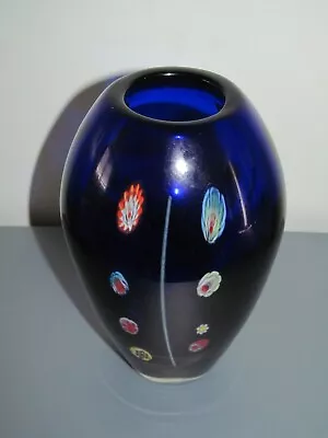 Buy Heavy Cobalt Blue Glass Vase With Millefiori Design Around The Sides • 19.95£