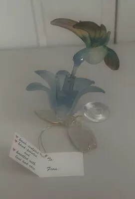 Buy Minature Glass Hummingbird With Flower Ornament Handmade Frosted Glass • 27£