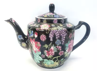Buy VTG Famille Noir Porcelain Painted Grape Floral Artwork Teapot Jingdezhen China • 74.49£