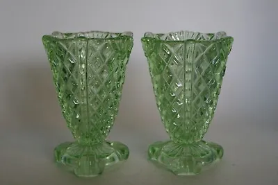 Buy PAIR Mid Century Green Conical Pressed Glass Vases With Tripod Feet & Cut Design • 12.95£