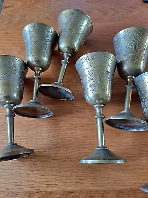 Buy Vintage Set  Of 6 Brass Etched Wine Goblets, Drinking Cups/glasses Circa 1970's • 20.99£