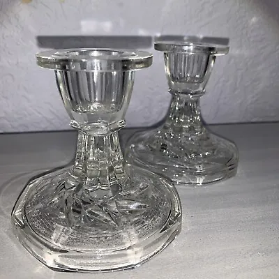 Buy Two Vintage Glass Candle Holders Taper Round Short Stem Clear Patterned Textured • 10£