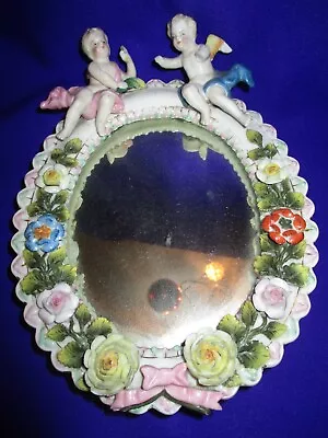Buy Antique Continental  Porcelain  Cherub And Flower Encrusted Mirror Marked • 47£