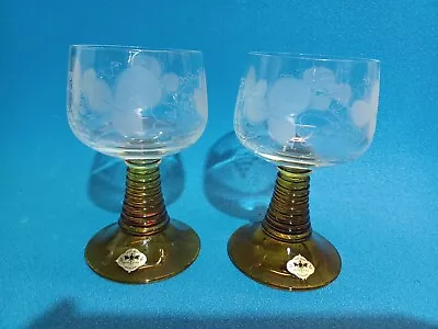 Buy Vintage Amber Beehive Stem Etched Grapevine Clear Bowl Hock Wine Glass X 2 • 8.95£