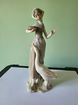 Buy An Attractive Lladro Figurine Of A Girl Feeding A Goose: 9.5  Tall: Vg Condition • 11.50£