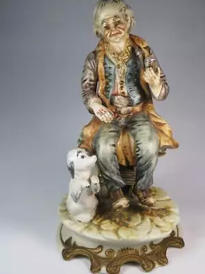 Buy LARGE CAPODIMONTE PORCELAIN Figurine Man On Seat With Pipe And Dog 30 Cm • 125£