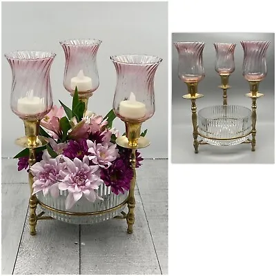Buy Vintage MidCentury BRASS And Pink Glass CANDLE HOLDER Clear Glass FLOWER VASE • 85.17£