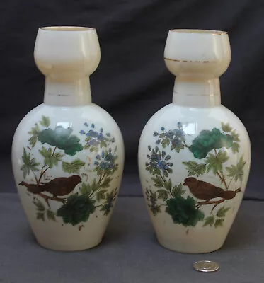 Buy Pair (2 X) Victorian Milk Glass Vases : Birds Floral Plants Flowers Gold  • 25£