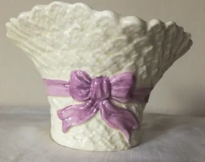 Buy Vintage Falcon Ware Posy Basket Weave Bowl Vase Cream With Lilac Bow • 5.50£