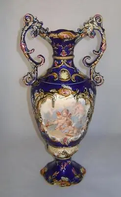 Buy Large Victorian Pottery Majolica Vase In Rococo Style With Painting Of Cherubs • 25£