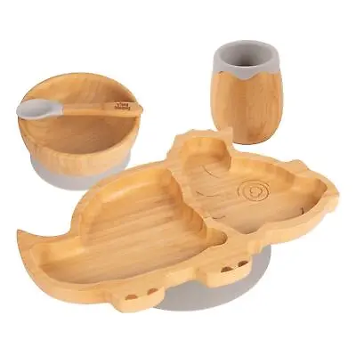 Buy 4pc Tiny Dining Grey Dinosaur Bamboo Baby Feeding Set Kids Plate Bowl Spoon Cup • 25£