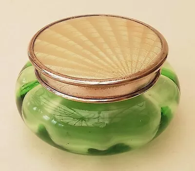 Buy Vintage Green Uranium Glass Dressing Table Pot Jar Siver Plated Guilloche Lid • 12.99£