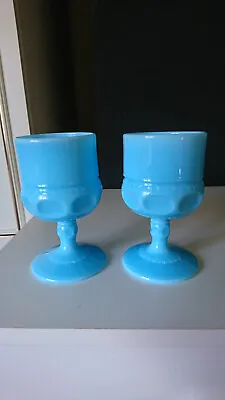 Buy Vintage Kings Crown Blue Milk Glass Thumbprint Goblets X 2 Mint Condition • 19.99£