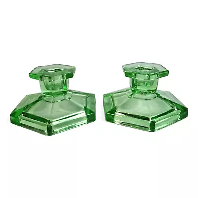 Buy Vintage Green Glass Art Deco Cut Glass Candle Stick Holders • 19.95£