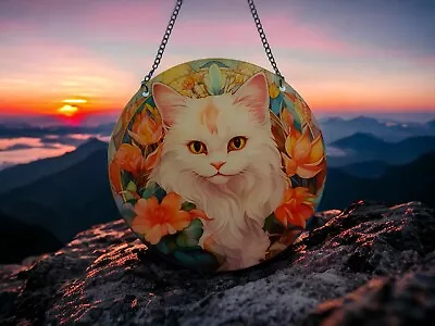 Buy 15cm Floral Cat Acrylic Suncatcher Wall Hanging Picture Art Pet White Cat Gifts • 8.49£