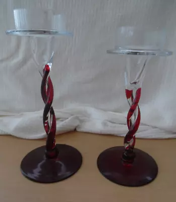 Buy Striking Vintage Art Blown Glass Candle Holder Candlesticks - Red Twisted Stems • 1.99£