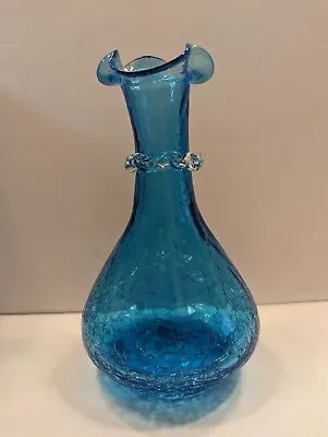 Buy VTG Fluted Cobalt Blue Crackle Glass Vase With Neck Ruffle 7.5 H • 17.54£